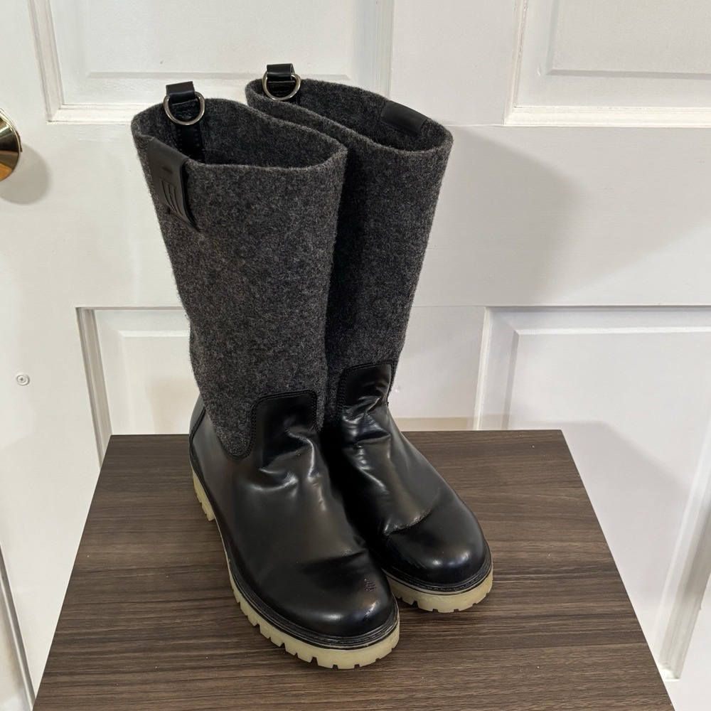 Ilse Jacobsen Women's Leather & Felt Black Gray‎ Lug Sole Boots, Size 37 (6.5)
